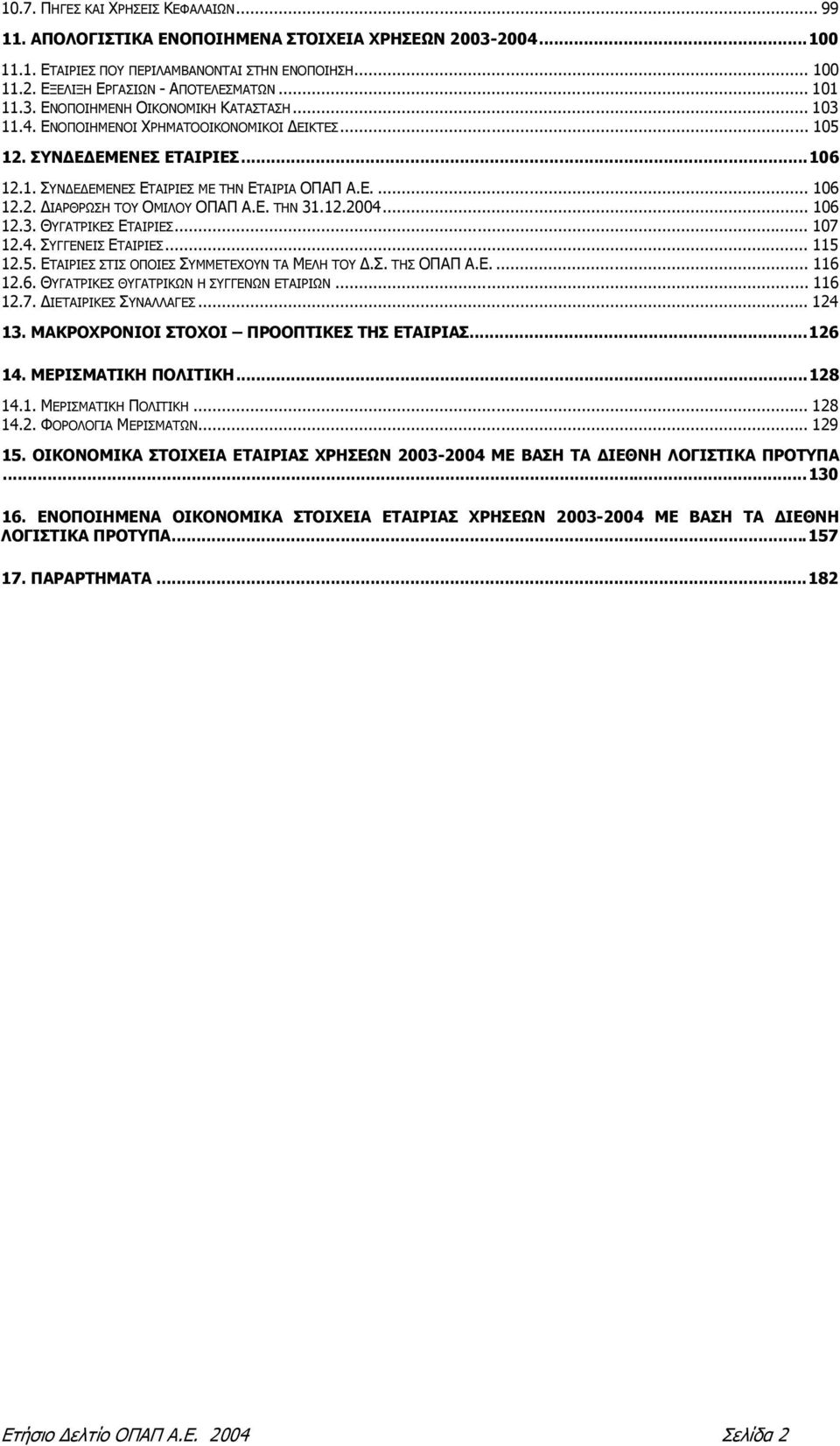2. ΙΑΡΘΡΩΣΗ ΤΟΥ ΟΜΙΛΟΥ ΟΠΑΠ Α.Ε. ΤΗΝ 31.12.2004... 106 12.3. ΘΥΓΑΤΡΙΚΕΣ ΕΤΑΙΡΙΕΣ... 107 12.4. ΣΥΓΓΕΝΕΙΣ ΕΤΑΙΡΙΕΣ... 115 12.5. ΕΤΑΙΡΙΕΣ ΣΤΙΣ ΟΠΟΙΕΣ ΣΥΜΜΕΤΕΧΟΥΝ ΤΑ ΜΕΛΗ ΤΟΥ.Σ. ΤΗΣ ΟΠΑΠ Α.Ε.... 116 12.6. ΘΥΓΑΤΡΙΚΕΣ ΘΥΓΑΤΡΙΚΩΝ Η ΣΥΓΓΕΝΩΝ ΕΤΑΙΡΙΩΝ.