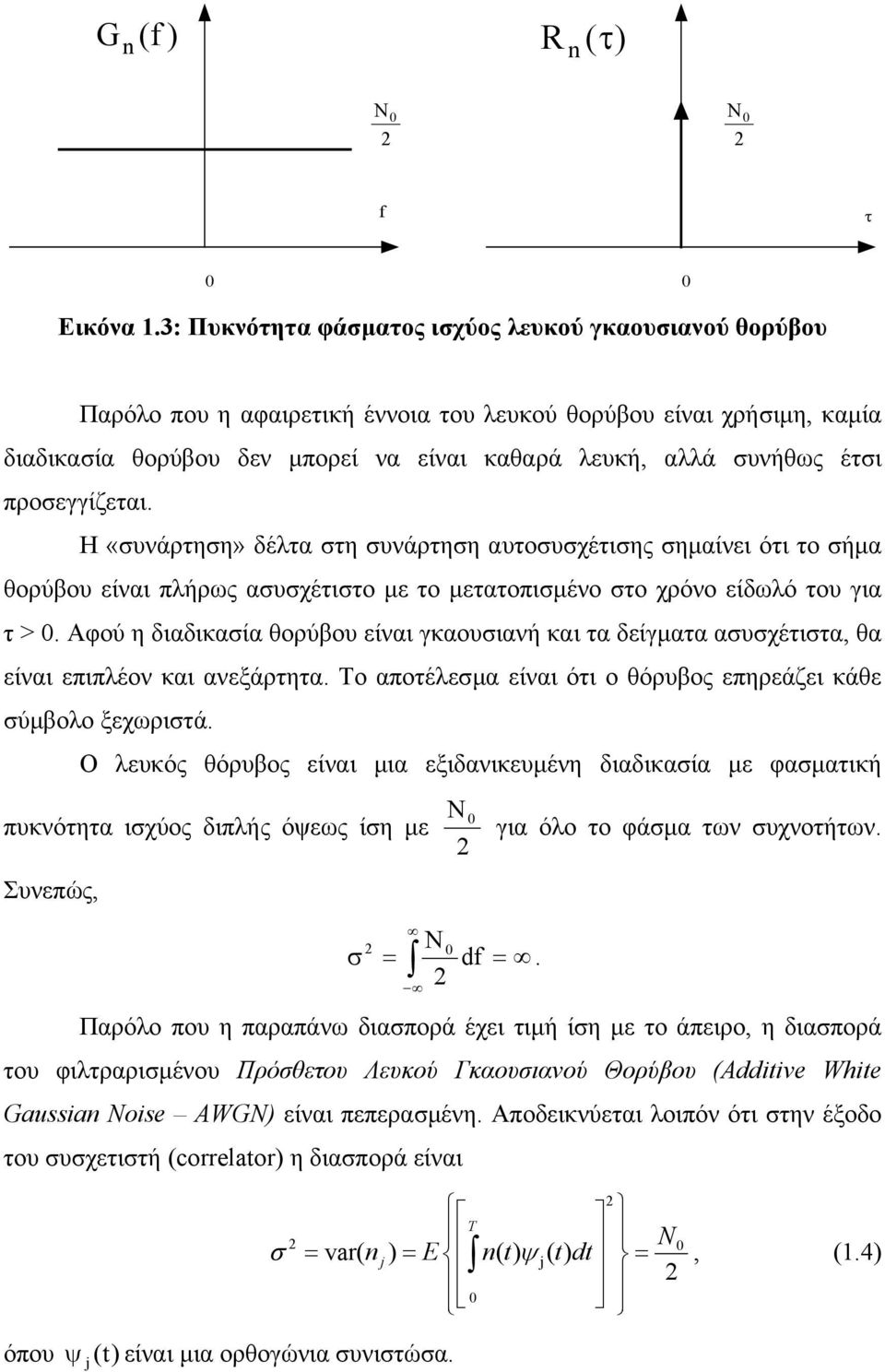 προσεγγίζεται. Η «συνάρτηση» δέλτα στη συνάρτηση αυτοσυσχέτισης σηµαίνει ότι το σήµα θορύβου είναι πλήρως ασυσχέτιστο µε το µετατοπισµένο στο χρόνο είδωλό του για τ > 0.