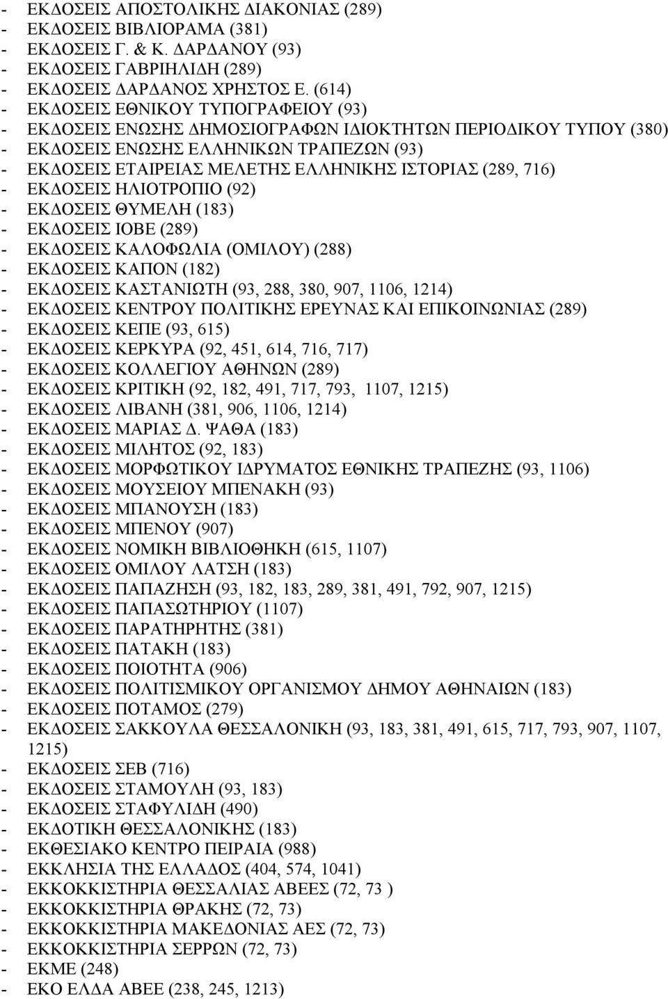 (289, 716) - ΕΚΔΟΣΕΙΣ ΗΛΙΟΤΡΟΠΙΟ (92) - ΕΚΔΟΣΕΙΣ ΘΥΜΕΛΗ (183) - ΕΚΔΟΣΕΙΣ ΙΟΒΕ (289) - ΕΚΔΟΣΕΙΣ ΚΑΛΟΦΩΛΙΑ (ΟΜΙΛΟΥ) (288) - ΕΚΔΟΣΕΙΣ ΚΑΠΟΝ (182) - ΕΚΔΟΣΕΙΣ ΚΑΣΤΑΝΙΩΤΗ (93, 288, 380, 907, 1106, 1214) -