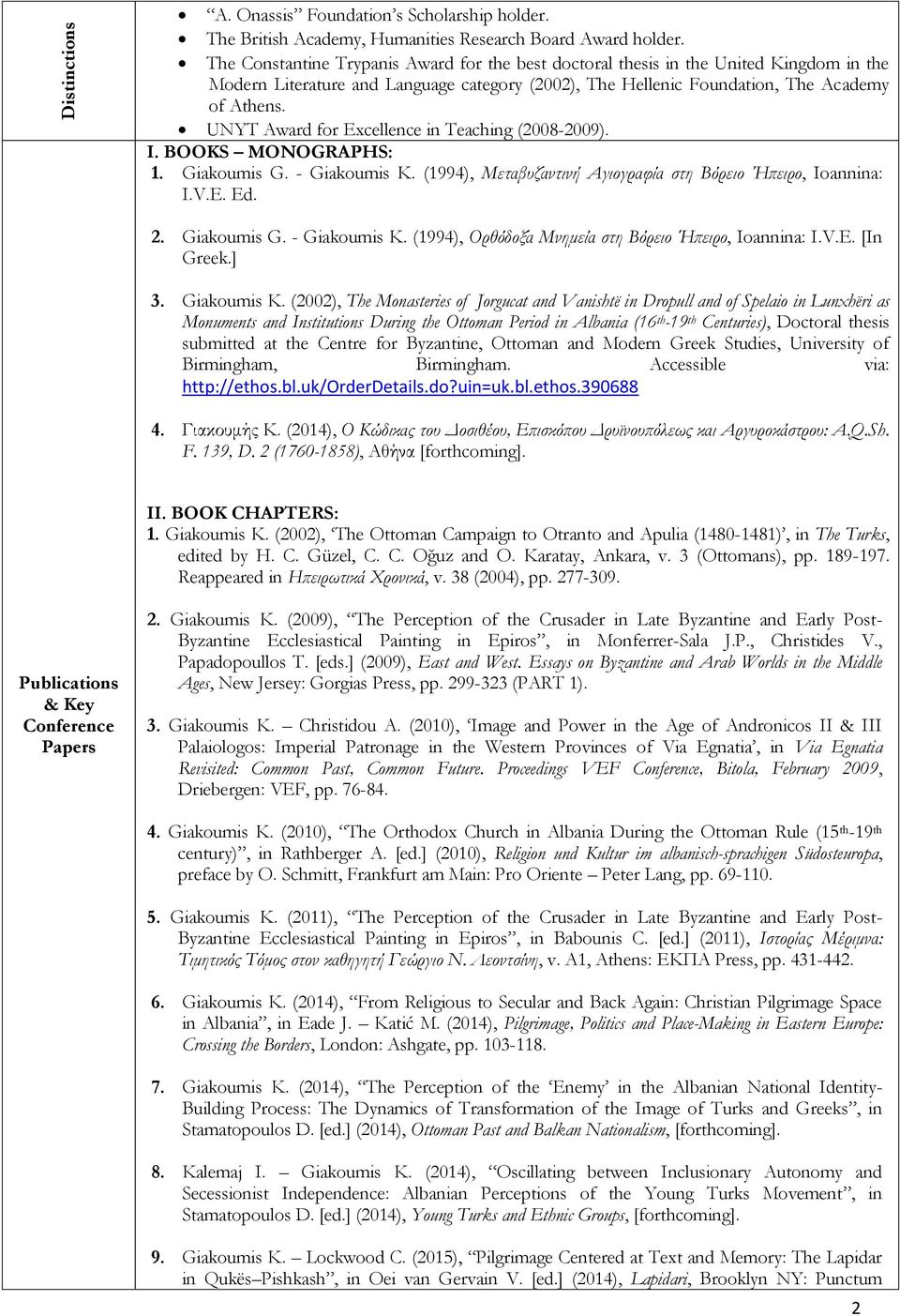 UNYT Award for Excellence in Teaching (2008-2009). I. BOOKS MONOGRAPHS: 1. Giakoumis G. - Giakoumis K. (1994), Μεταβυζαντινή Αγιογραφία στη Βόρειο Ήπειρο, Ioannina: I.V.E. Ed. 2. Giakoumis G. - Giakoumis K. (1994), Ορθόδοξα Μνημεία στη Βόρειο Ήπειρο, Ioannina: I.