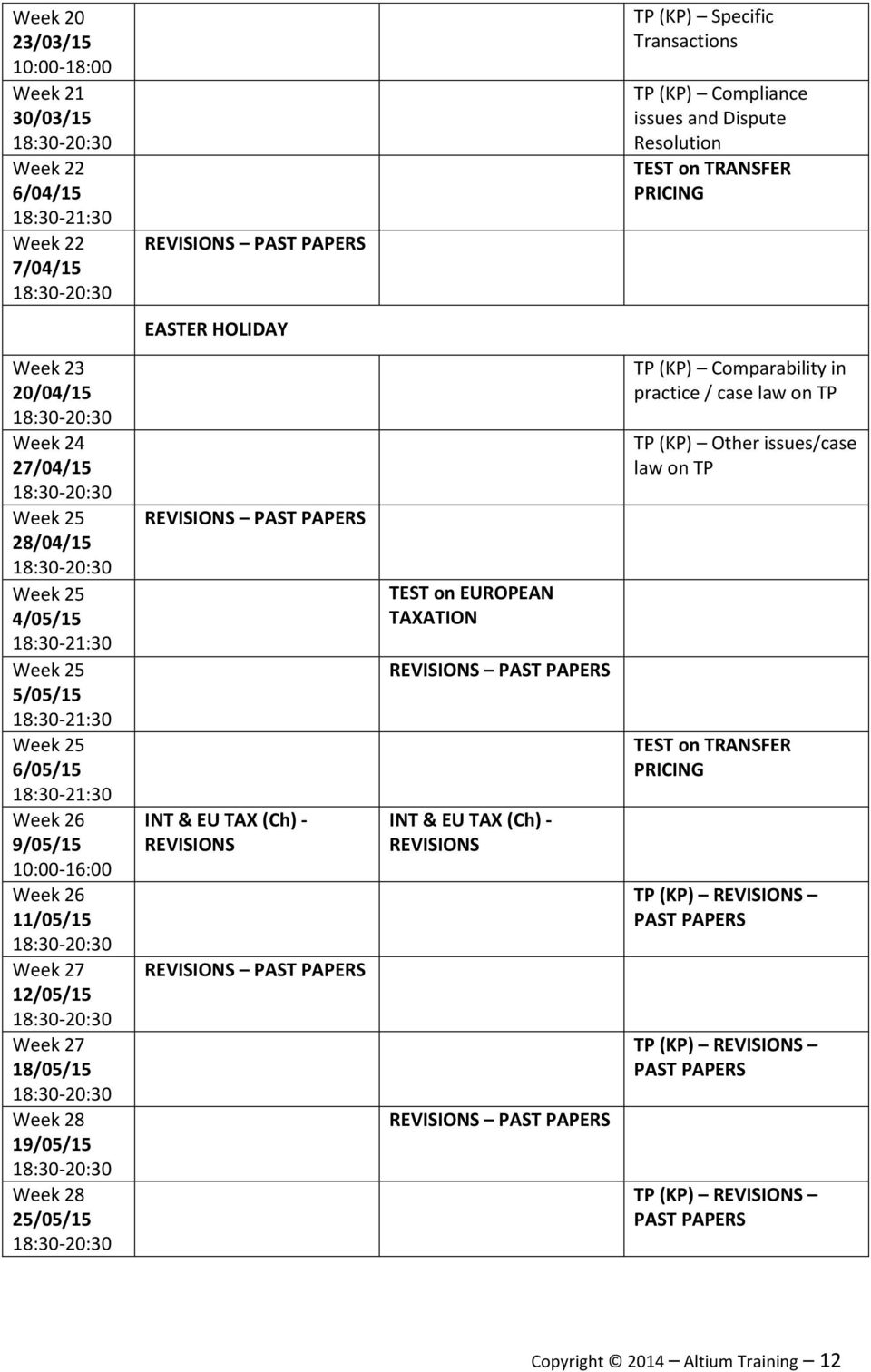 26 11/05/15 Week 27 12/05/15 Week 27 18/05/15 Week 28 19/05/15 Week 28 25/05/15 REVISIONS PAST PAPERS INT & EU TAX (Ch) - REVISIONS REVISIONS PAST PAPERS TEST on EUROPEAN TAXATION REVISIONS PAST