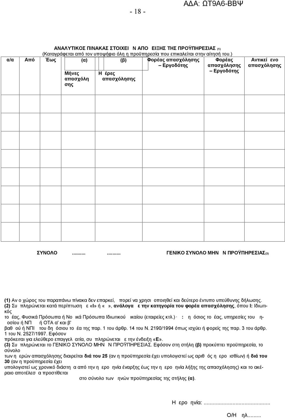 ..... ΓΕΝΙΚΟ ΣΥΝΟΛΟ ΜΗΝΩΝ ΠΡΟΫΠΗΡΕΣΙΑΣ(3) (1) Αν ο χώρος του παραπάνω πίνακα δεν επαρκεί, μπορεί να χρησιμοποιηθεί και δεύτερο έντυπο υπεύθυνης δήλωσης.