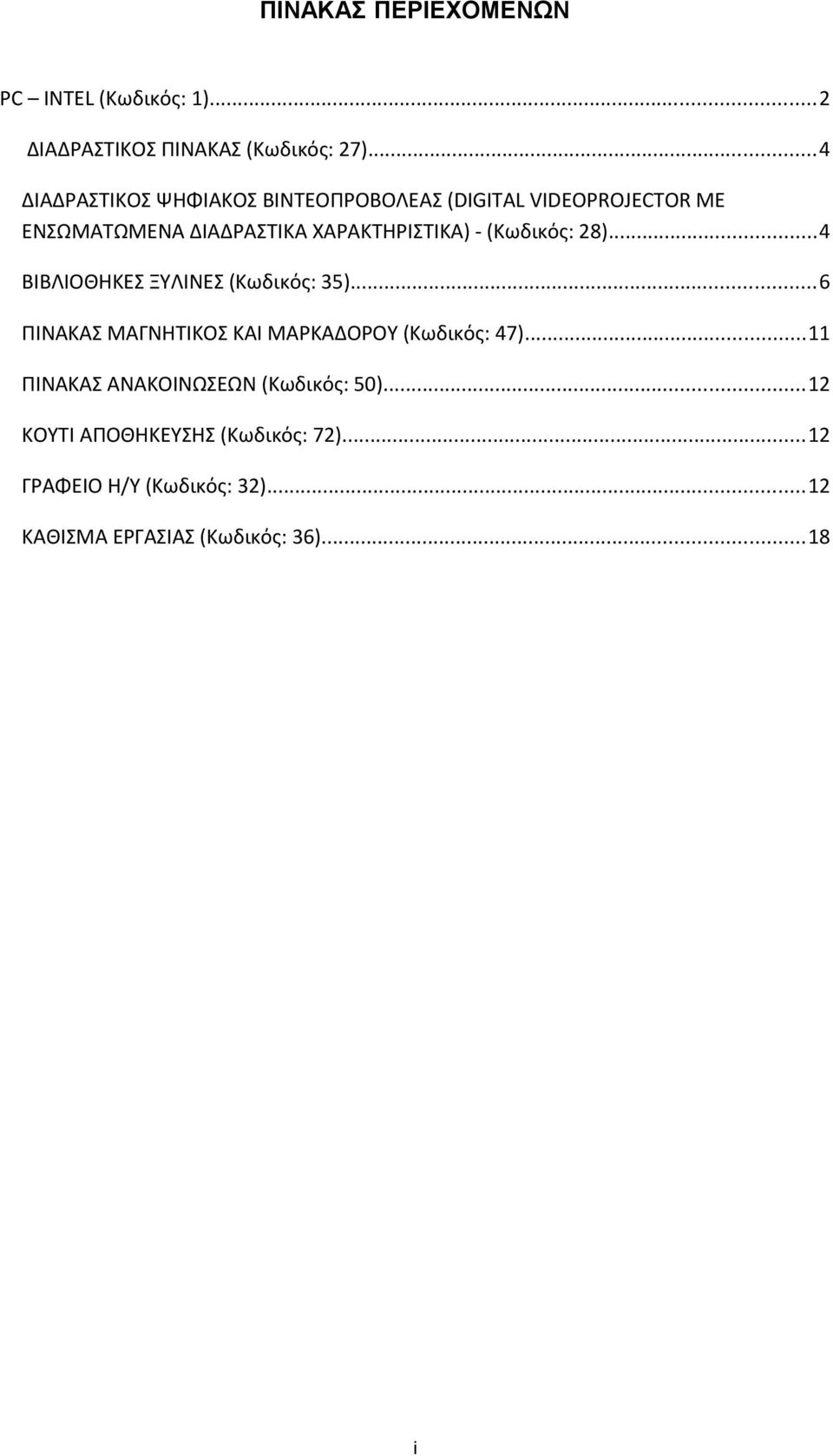 (Κωδικός: 28)...4 ΒΙΒΛΙΟΘΗΚΕΣ ΞΥΛΙΝΕΣ (Κωδικός: 35)...6 ΠΙΝΑΚΑΣ ΜΑΓΝΗΤΙΚΟΣ ΚΑΙ ΜΑΡΚΑΔΟΡΟΥ (Κωδικός: 47).