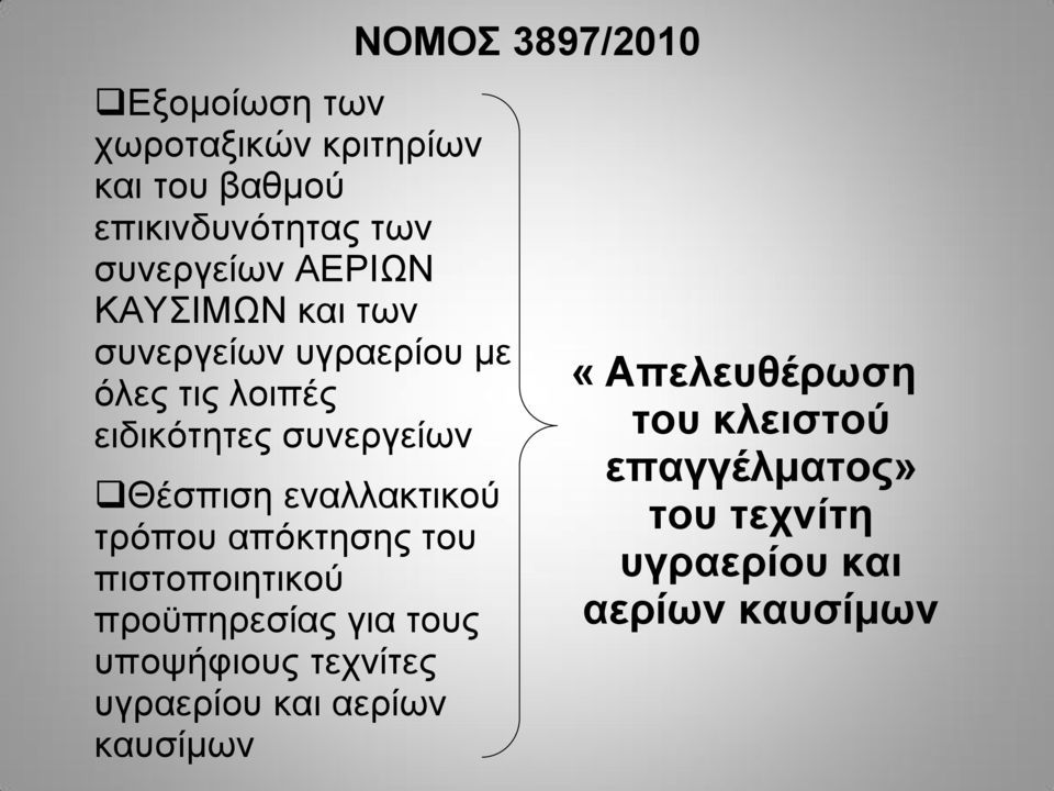 απόκτησης του πιστοποιητικού προϋπηρεσίας για τους υποψήφιους τεχνίτες υγραερίου και αερίων