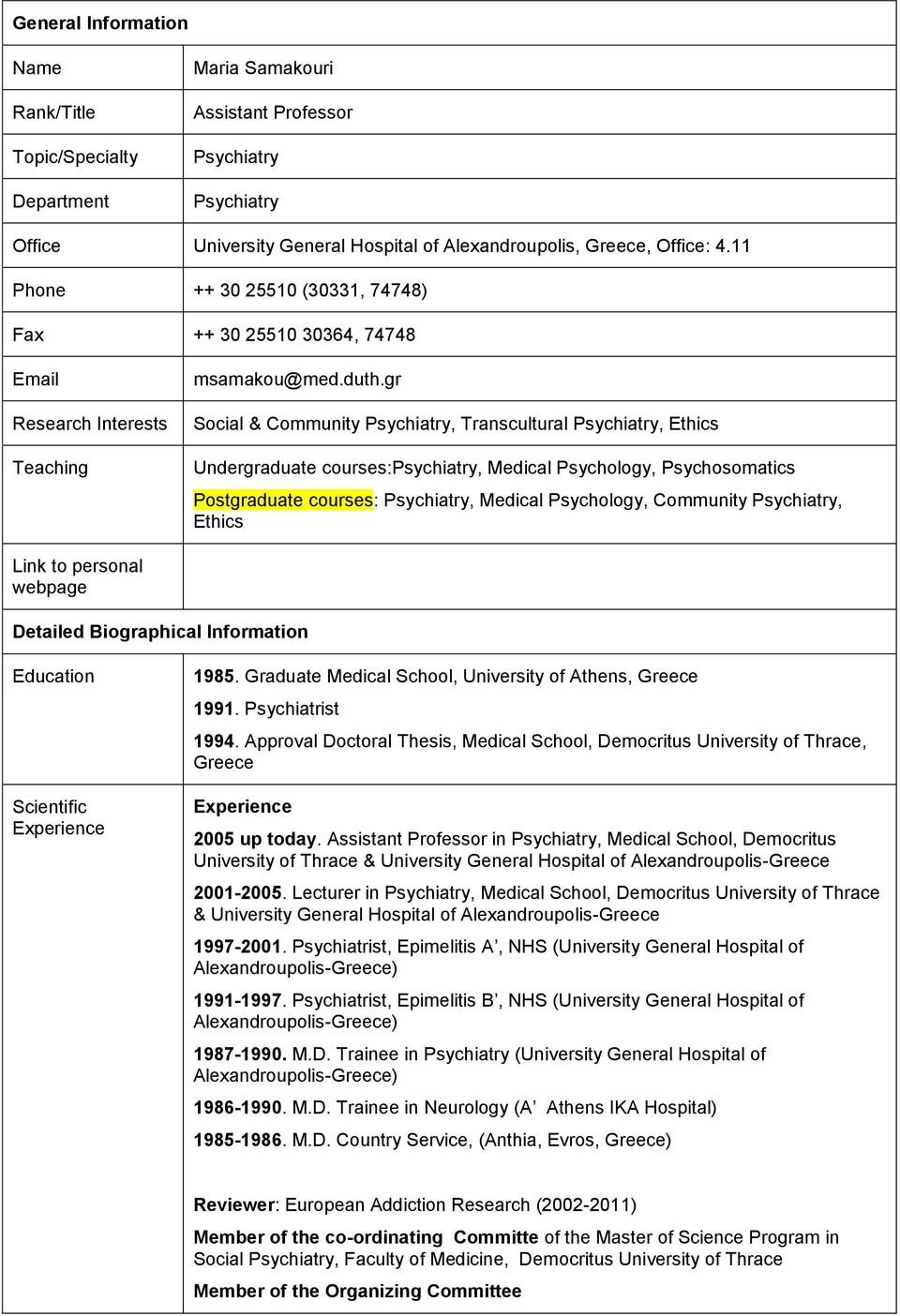 gr Social & Community Psychiatry, Transcultural Psychiatry, Ethics Undergraduate courses:psychiatry, Medical Psychology, Psychosomatics Postgraduate courses: Psychiatry, Medical Psychology, Community