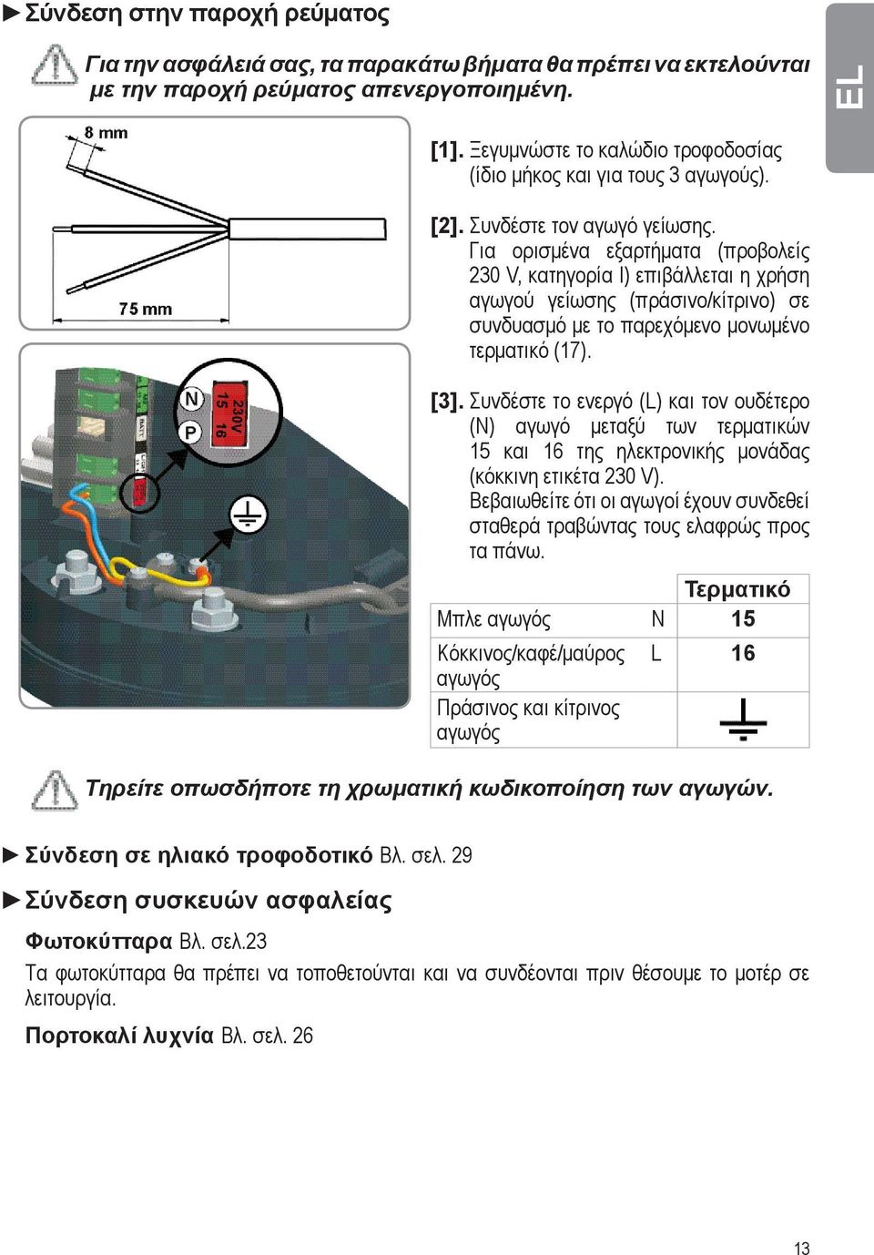 Για ορισμένα εξαρτήματα (προβολείς 230 V, κατηγορία I) επιβάλλεται η χρήση αγωγού γείωσης (πράσινο/κίτρινο) σε συνδυασμό με το παρεχόμενο μονωμένο τερματικό (17). [3].