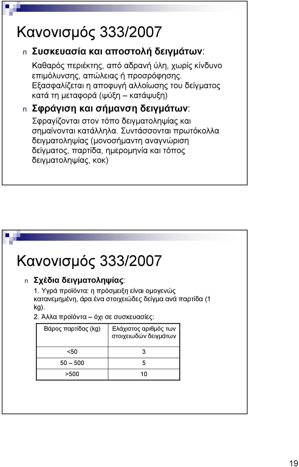 Συντάσσονται πρωτόκολλα δειγματοληψίας (μονοσήμαντη αναγνώριση δείγματος, παρτίδα, ημερομηνία και τόπος δειγματοληψίας, κοκ) Κανονισμός 333/2007 Σχέδια δειγματοληψίας: 1.