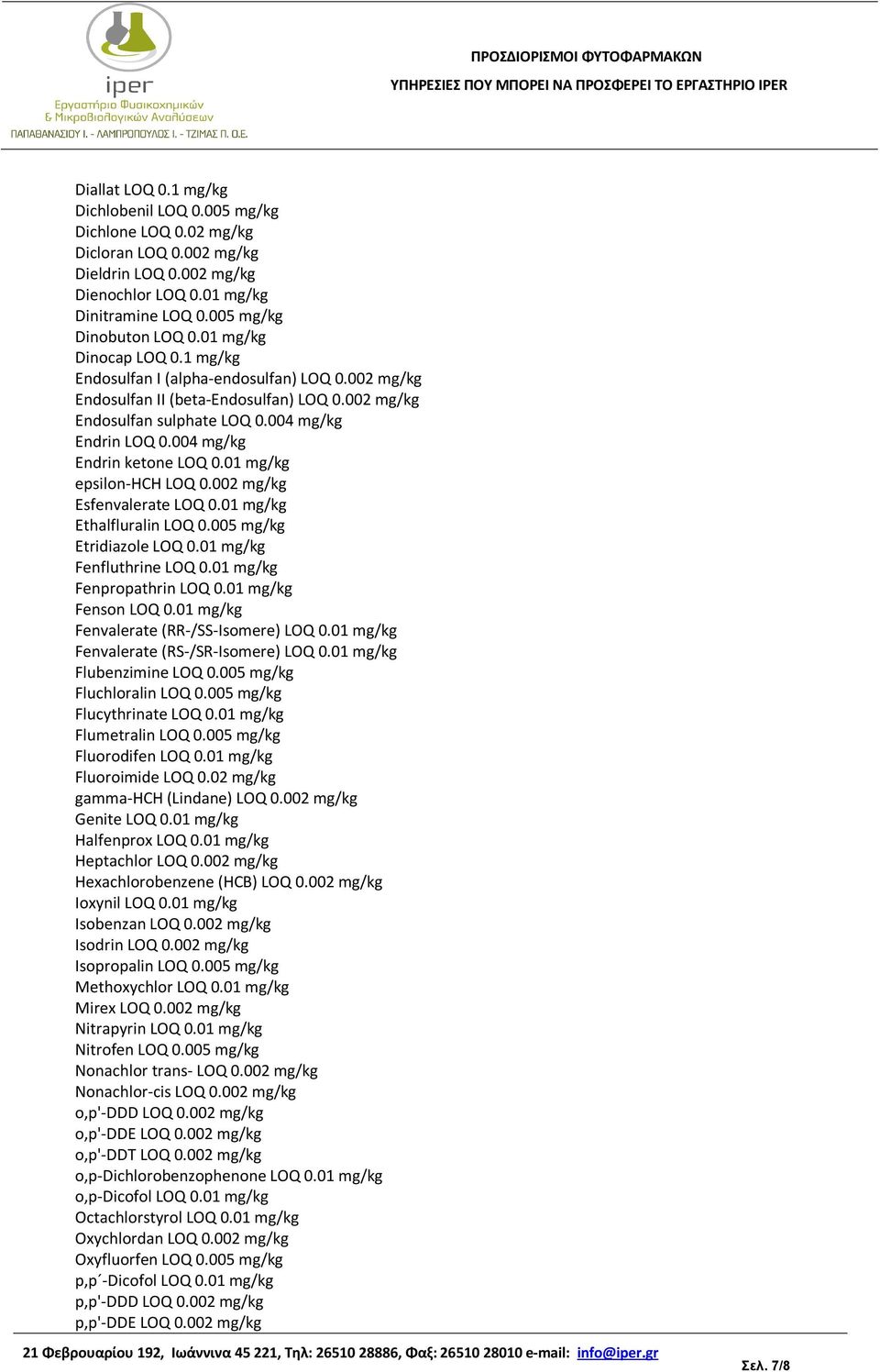 004 mg/kg Endrin ketone LOQ 0.01 mg/kg epsilon-hch LOQ 0.002 mg/kg Esfenvalerate LOQ 0.01 mg/kg Ethalfluralin LOQ 0.005 mg/kg Etridiazole LOQ 0.01 mg/kg Fenfluthrine LOQ 0.