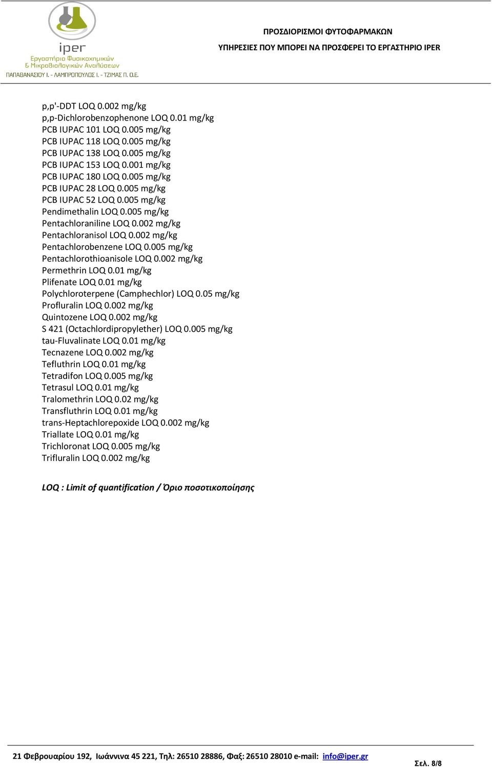 002 mg/kg Pentachlorobenzene LOQ 0.005 mg/kg Pentachlorothioanisole LOQ 0.002 mg/kg Permethrin LOQ 0.01 mg/kg Plifenate LOQ 0.01 mg/kg Polychloroterpene (Camphechlor) LOQ 0.05 mg/kg Profluralin LOQ 0.