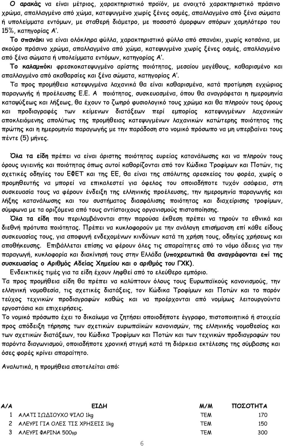 Το σπανάκι να είναι ολόκληρα φύλλα, χαρακτηριστικό φύλλο από σπανάκι, χωρίς κοτσάνια, µε σκούρο πράσινο χρώµα, απαλλαγµένο από χώµα, κατεψυγµένο χωρίς ξένες οσµές, απαλλαγµένο από ξένα σώµατα ή