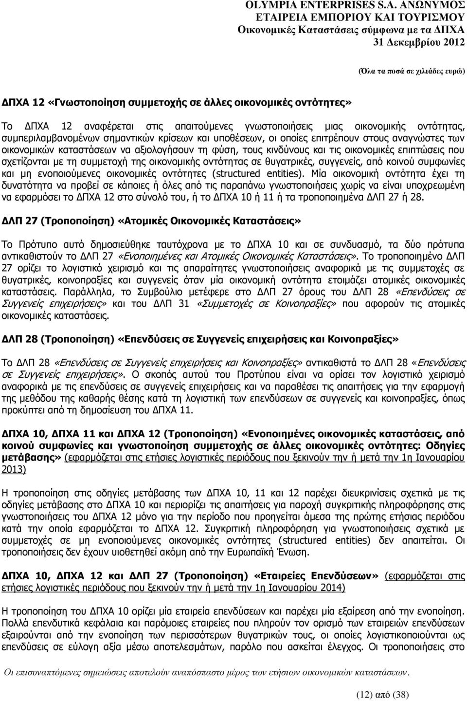 οντότητας σε θυγατρικές, συγγενείς, από κοινού συμφωνίες και μη ενοποιούμενες οικονομικές οντότητες (structured entities).