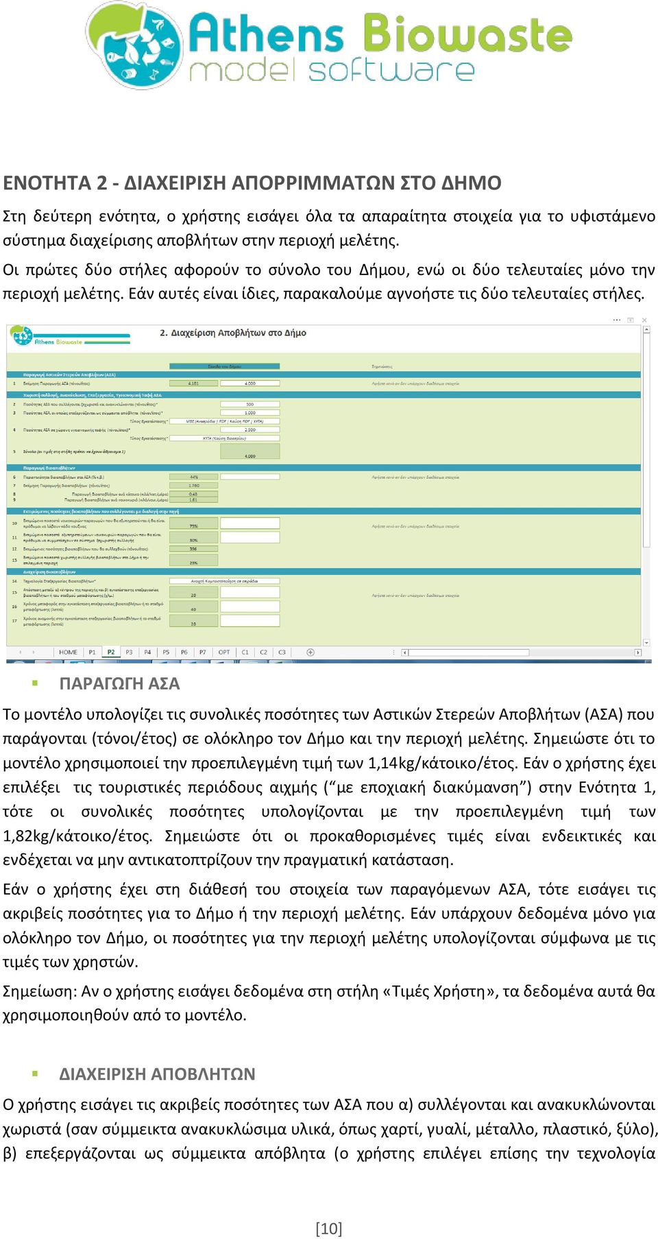 ΠΑΡΑΓΩΓΗ ΑΣΑ Το μοντέλο υπολογίζει τις συνολικές ποσότητες των Αστικών Στερεών Αποβλήτων (ΑΣΑ) που παράγονται (τόνοι/έτος) σε ολόκληρο τον Δήμο και την περιοχή μελέτης.