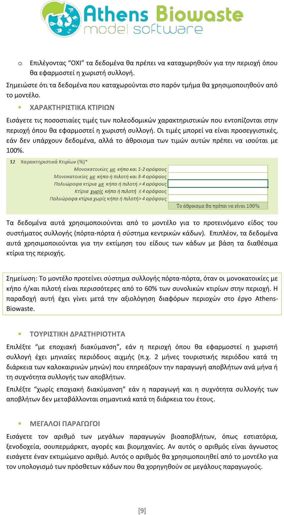 ΧΑΡΑΚΤΗΡΙΣΤΙΚΑ ΚΤΙΡΙΩΝ Εισάγετε τις ποσοστιαίες τιμές των πολεοδομικών χαρακτηριστικών που εντοπίζονται στην περιοχή όπου θα εφαρμοστεί η χωριστή συλλογή.