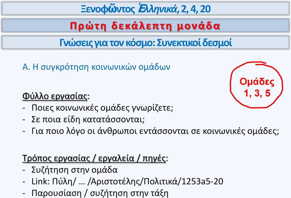 ποια είδη κατατάσσονται; - Για ποιο λόγο οι άνθρωποι εντάσσονται σε κοινωνικές ομάδες; Τρόπος εργασίας /