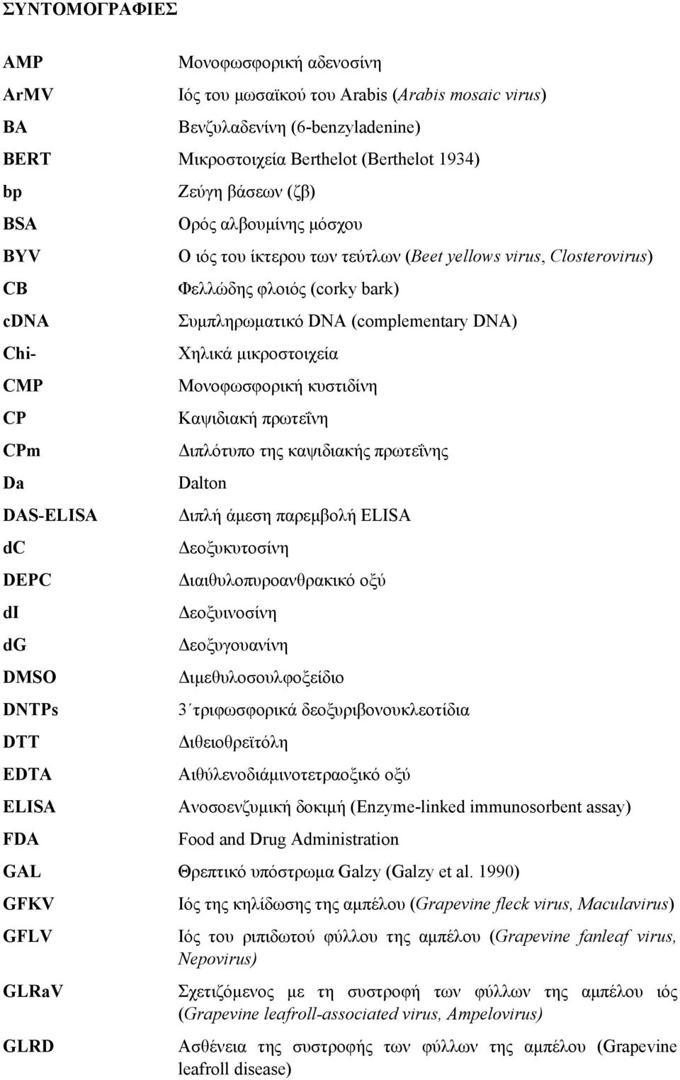 (corky bark) Συμπληρωματικό DNA (complementary DNA) Χηλικά μικροστοιχεία Μονοφωσφορική κυστιδίνη Καψιδιακή πρωτεΐνη Διπλότυπο της καψιδιακής πρωτεΐνης Dalton Διπλή άμεση παρεμβολή ELISA Δεοξυκυτοσίνη