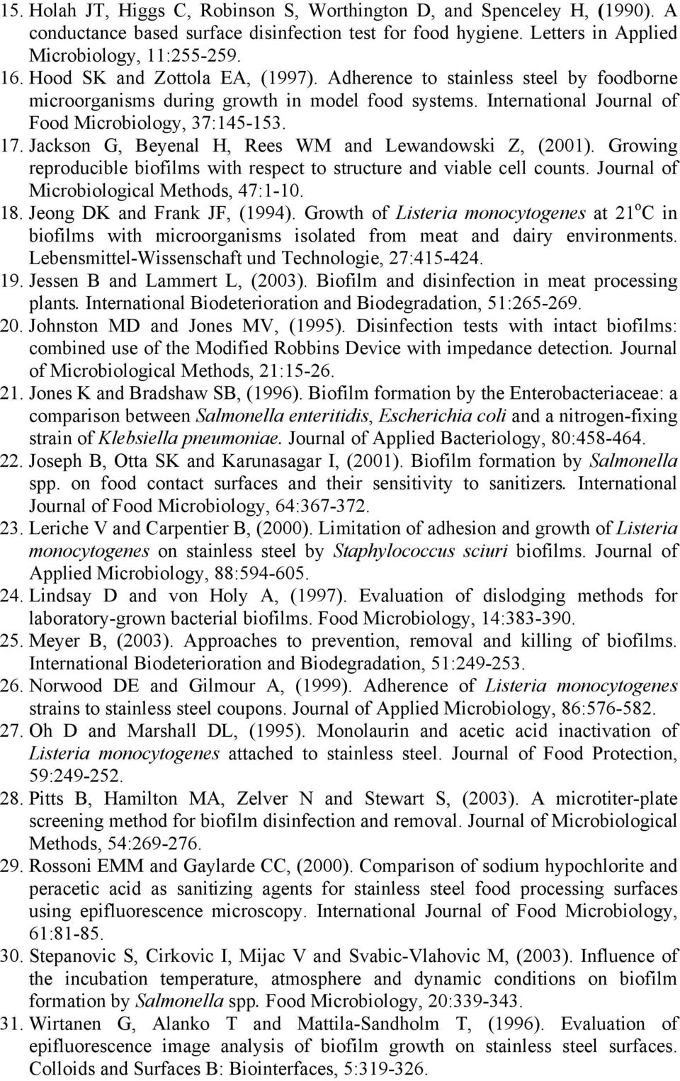 Jackson G, Beyenal H, Rees WM and Lewandowski Z, (2001). Growing reproducible biofilms with respect to structure and viable cell counts. Journal of Microbiological Methods, 4:1-10. 18.