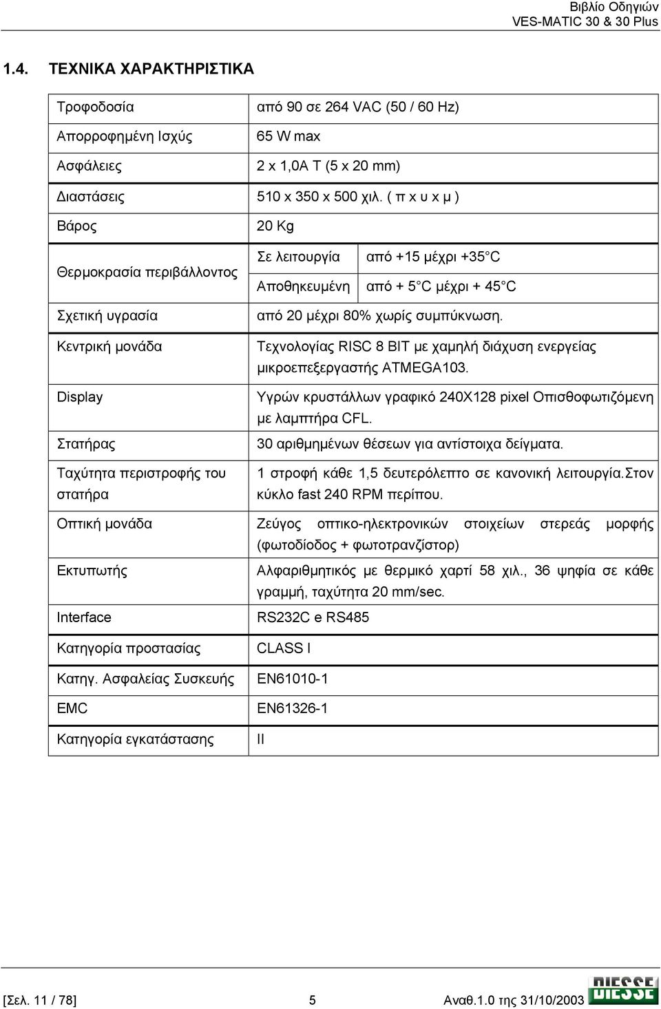 45 C από 20 µέχρι 80% χωρίς συµπύκνωση. Τεχνολογίας RISC 8 BIT µε χαµηλή διάχυση ενεργείας µικροεπεξεργαστής ATMEGA103. Υγρών κρυστάλλων γραφικό 240Χ128 pixel Οπισθοφωτιζόµενη µε λαµπτήρα CFL.