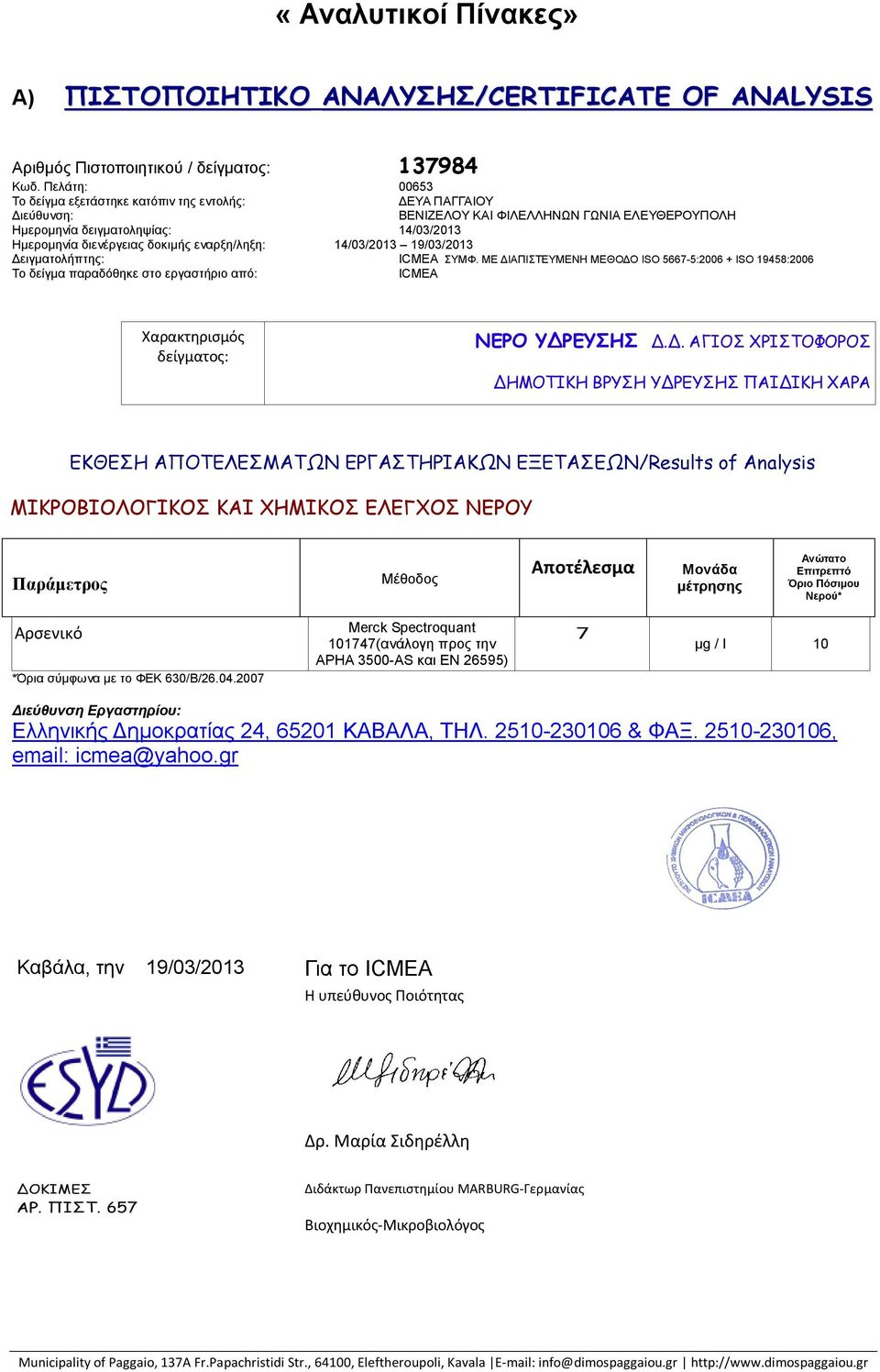 δειγματοληψίας: 14/03/2013 Ημερομηνία διενέργειας δοκιμής εναρξη/ληξη: 14/03/2013 19/03/2013 Δειγματολήπτης: ICMEA ΣΥΜΦ.