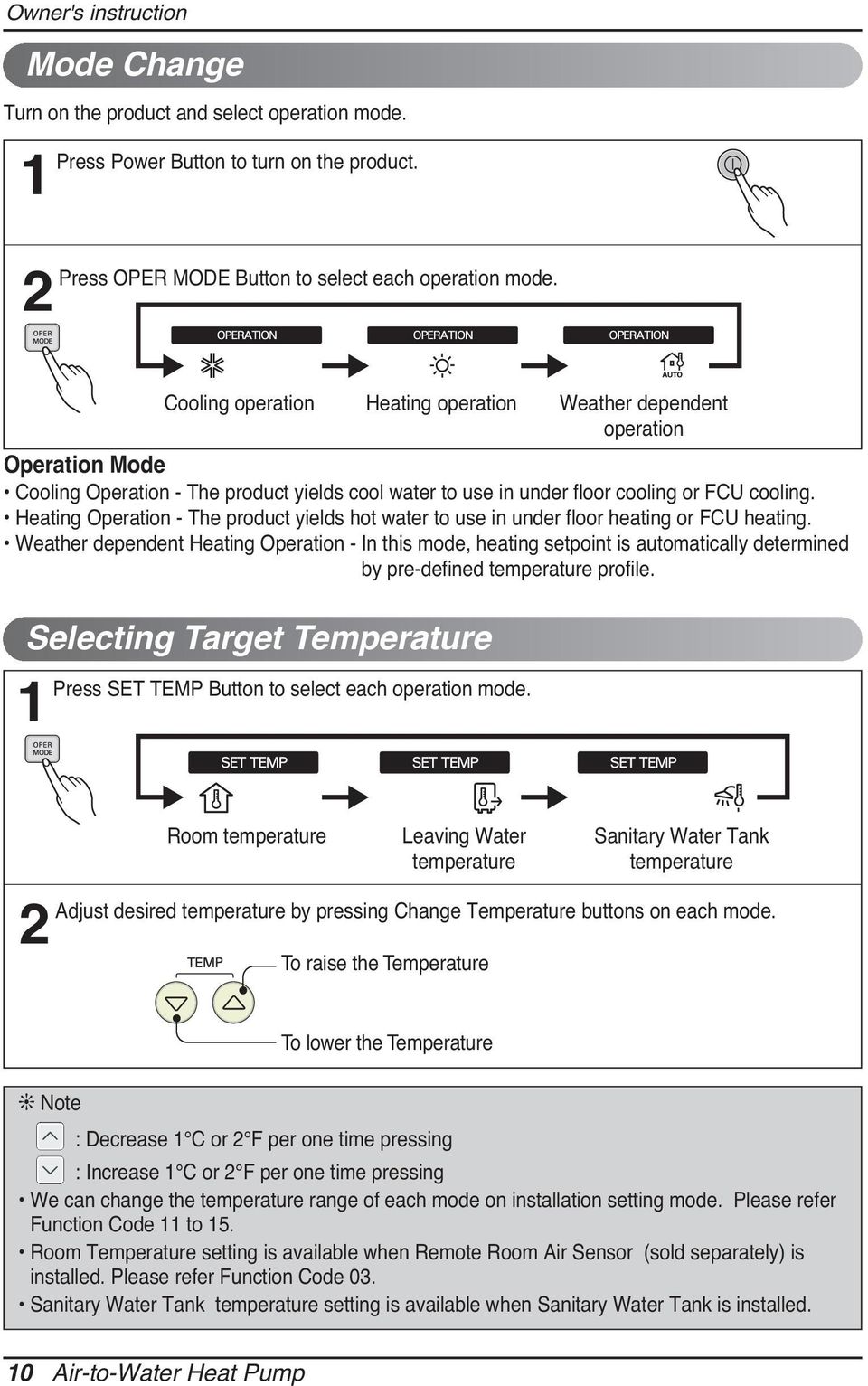 Heating Operation - The product yields hot water to use in under floor heating or FCU heating.