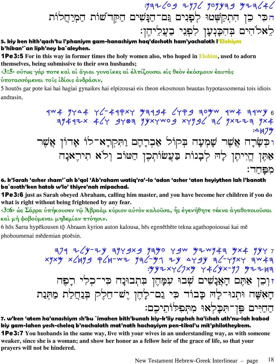 1Pe3:5 For in this way in former times the holy women also, who hoped in Elohim, used to adorn themselves, being submissive to their own husbands; 3:5 οὕτως γάρ ποτε καὶ αἱ ἅγιαι γυναῖκες αἱ