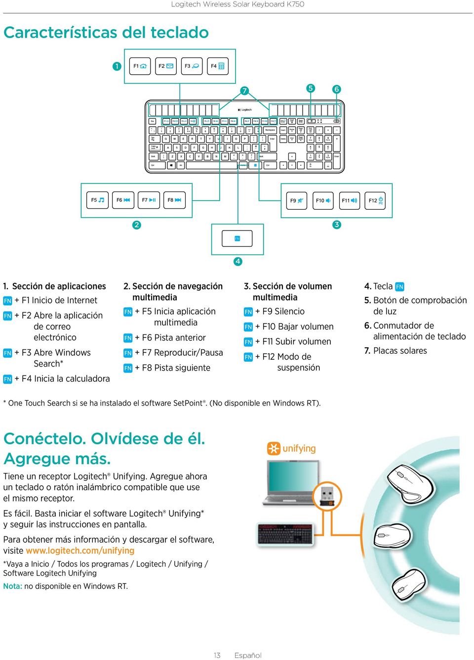 Reproducir/Pausa + F12 M odo de suspensión + F8 Pista siguiente + F10 Bajar volumen + F4 Inicia la calculadora * One Touch Search si se ha instalado el software SetPoint.