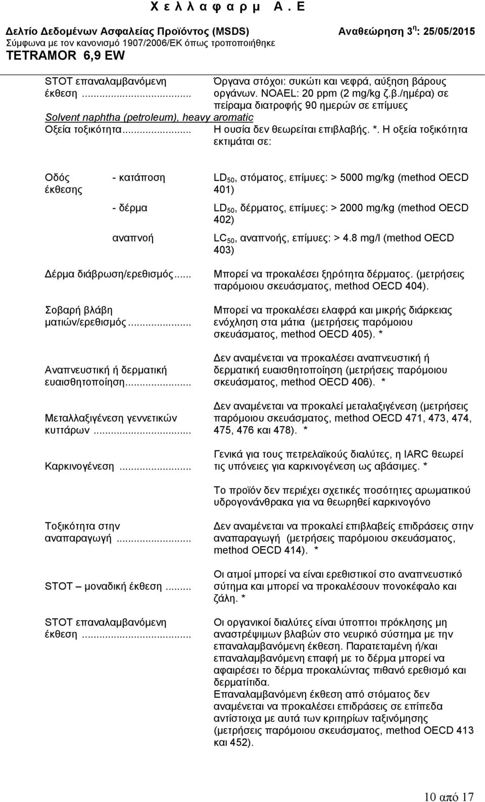 αναπνοής, επίμυες: > 4.8 mg/l (method OECD 403) Δέρμα διάβρωση/ερεθισμός... Σοβαρή βλάβη ματιών/ερεθισμός... Αναπνευστική ή δερματική ευαισθητοποίηση... Μεταλλαξιγένεση γεννετικών κυττάρων.