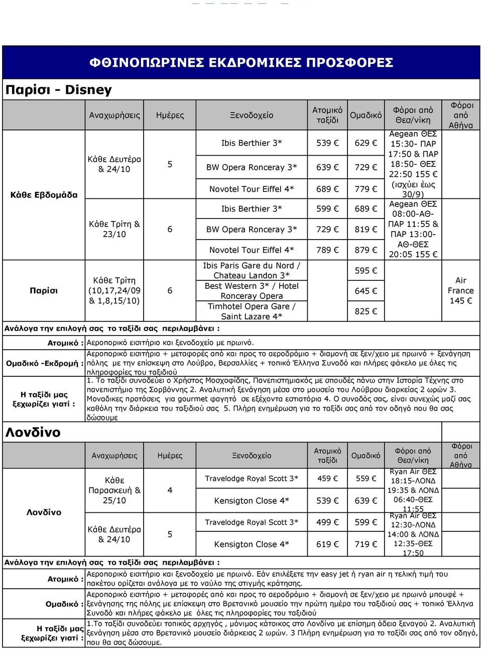 3* / Hotel Ronceray Opera Timhotel Opera Gare / Saint Lazare * 9 6 82 ΘΕΣ 1:30- ΠΑΡ 17:0 & ΠΑΡ 18:0- ΘΕΣ 22:0 1 (ισχύει έως 30/9) ΘΕΣ 08:00-ΑΘ- ΠΑΡ 11: & ΠΑΡ 13:00- ΑΘ-ΘΕΣ 20:0 1 Air France 1 :