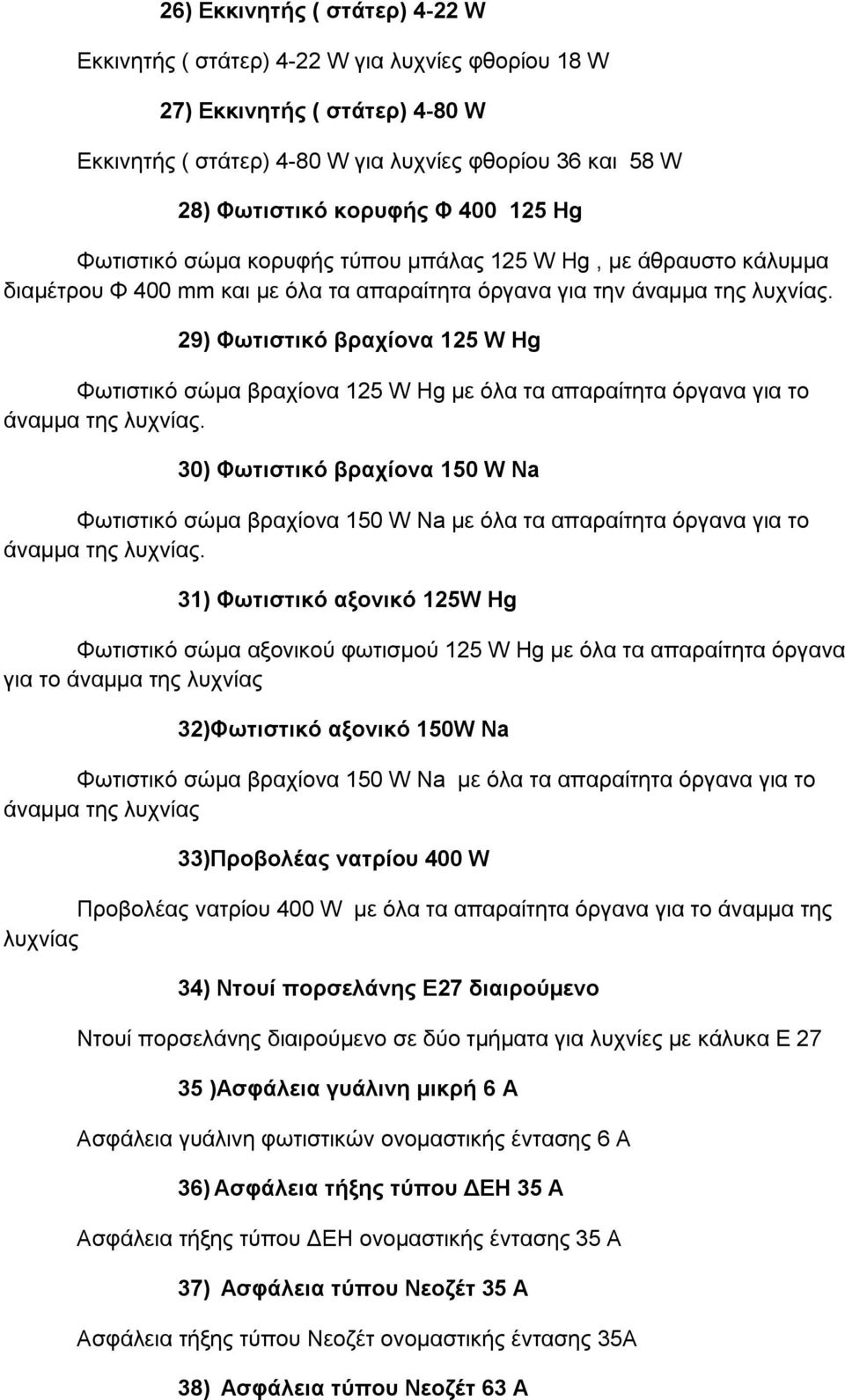 29) Φωτιστικό βραχίονα 125 W Hg Φωτιστικό σώμα βραχίονα 125 W Hg με όλα τα απαραίτητα όργανα για τo άναμμα της λυχνίας.