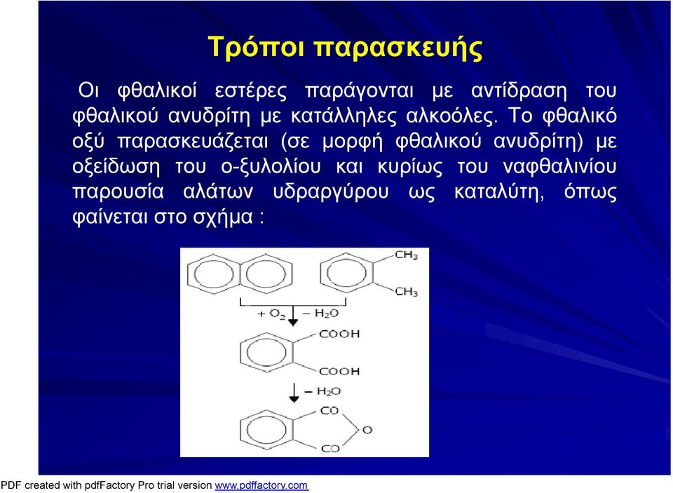 Το φθαλικό οξύ παρασκευάζεται (σε μορφή φθαλικού ανυδρίτη) με οξείδωση