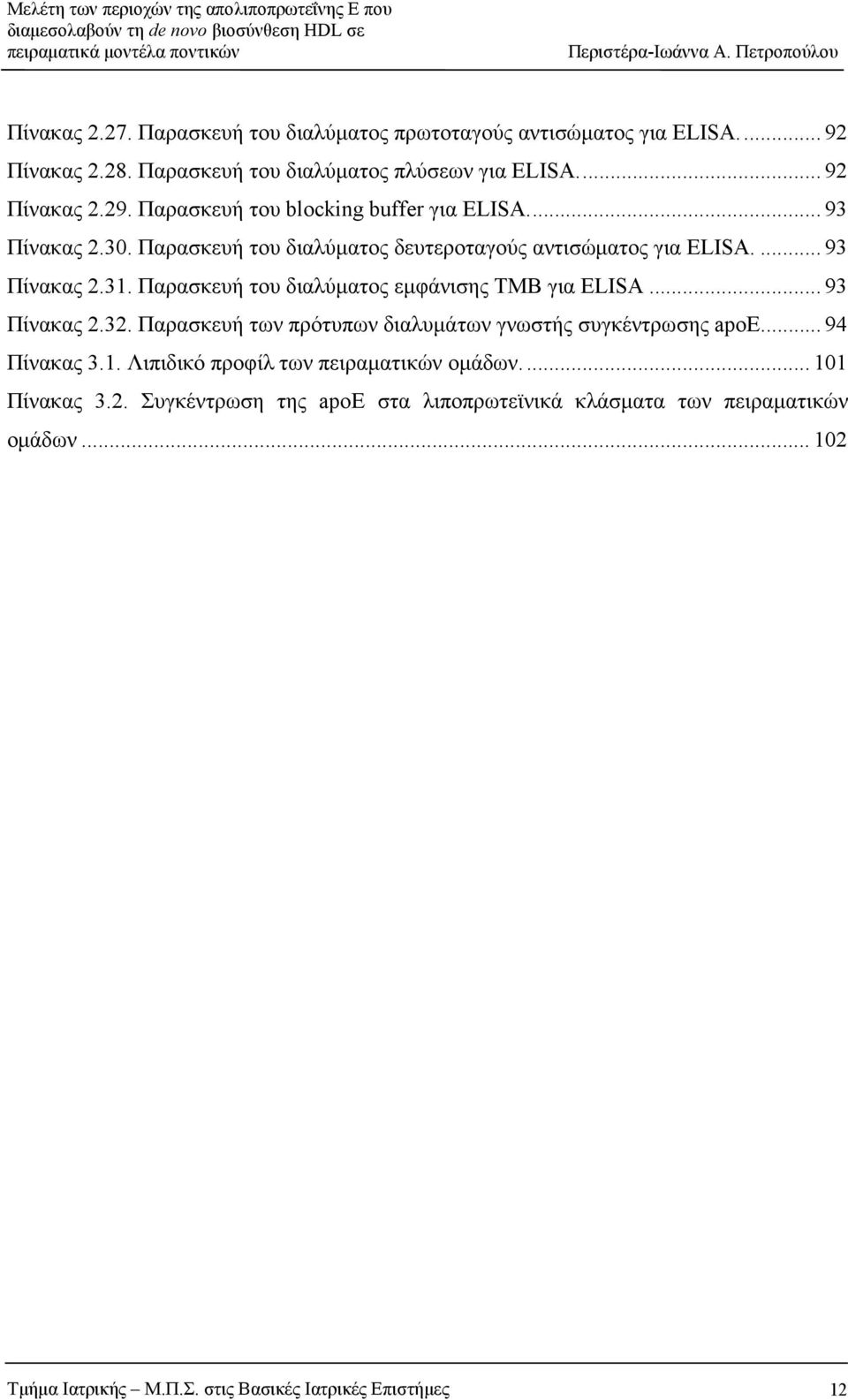 Παρασκευή του διαλύµατος εµφάνισης TMB για ELISA... 93 Πίνακας 2.32. Παρασκευή των πρότυπων διαλυµάτων γνωστής συγκέντρωσης apoe.... 94 Πίνακας 3.1.