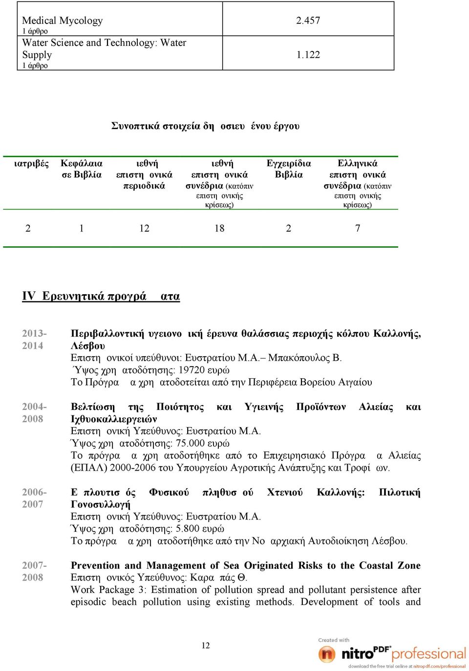 επιστημονικά συνέδρια (κατόπιν επιστημονικής κρίσεως) 2 1 12 18 2 7 IV Ερευνητικά προγράμματα 2013-2014 2004-2008 2006-2007 2007-2008 Περιβαλλοντική υγειονομική έρευνα θαλάσσιας περιοχής κόλπου