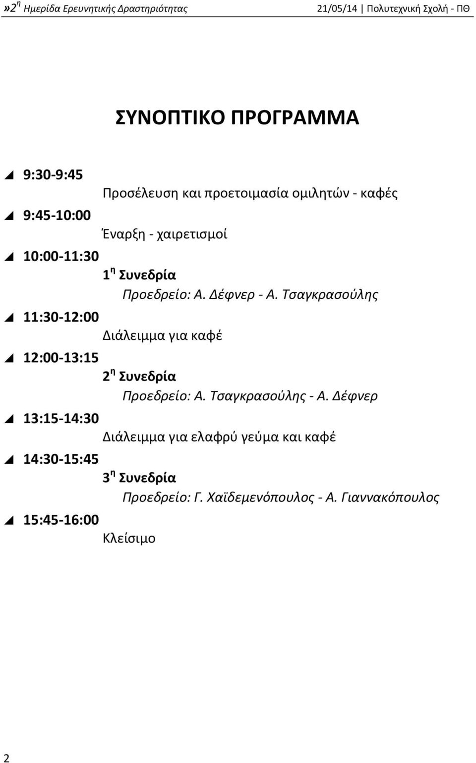 Τσαγκρασούλης 11:30-12:00 Διάλειμμα για καφέ 12:00-13:15 2 η Συνεδρία Προεδρείο: Α. Τσαγκρασούλης - Α.