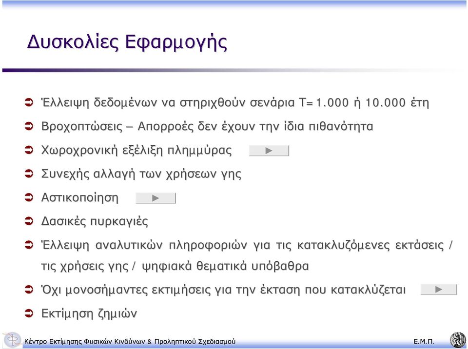 αλλαγή των χρήσεων γης Αστικοποίηση ασικές πυρκαγιές Έλλειψη αναλυτικών πληροφοριών για τις