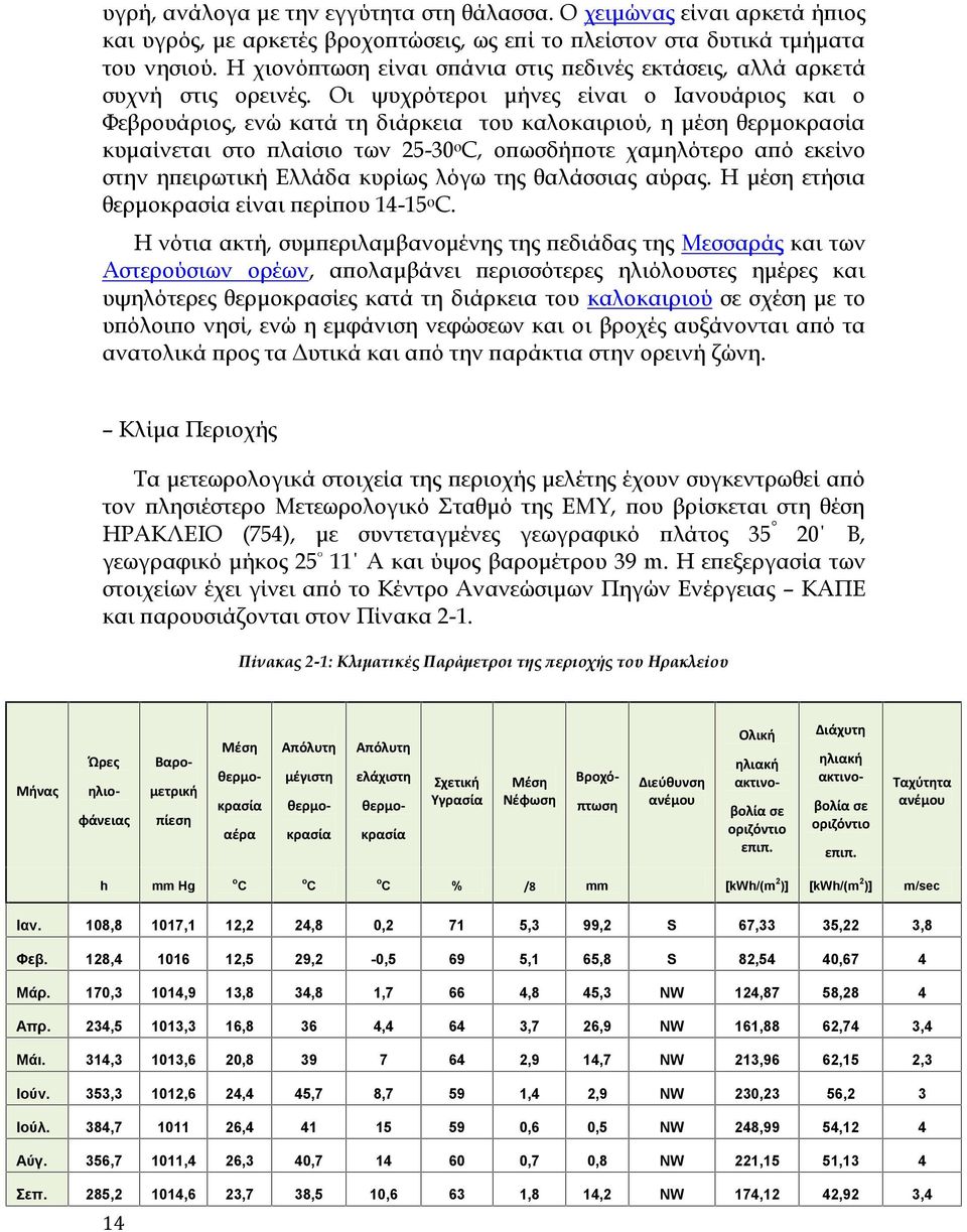 Οι ψυχρότεροι μήνες είναι ο Ιανουάριος και ο Φεβρουάριος, ενώ κατά τη διάρκεια του καλοκαιριού, η μέση θερμοκρασία κυμαίνεται στο πλαίσιο των 25-30οC, οπωσδήποτε χαμηλότερο από εκείνο στην ηπειρωτική