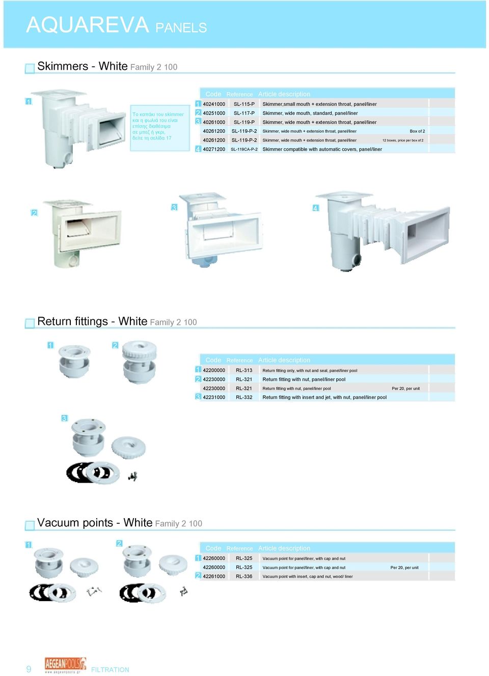 panel/liner Box of 2 40261200 SL-119-P-2 Skimmer, wide mouth + extension throat, panel/liner 12 boxes, price per box of 2 4 40271200 SL-119CA-P-2 Skimmer compatible with automatic covers, panel/liner