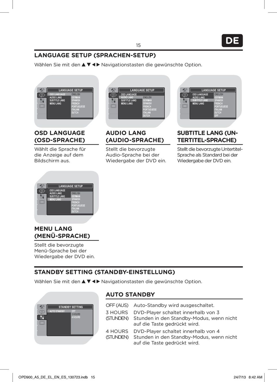 SPANISH FRENCH PORTUGUESE ITALIAN DUTCH LANGUAGE SETUP OSD LANGUAGE ENGLISH AUDIO LANG GERMAN SUBTITLE LANG SPANISH MENU LANG FRENCH PORTUGUESE ITALIAN DUTCH OFF OSD LANGUAGE (OSD-SPRACHE) Wählt die