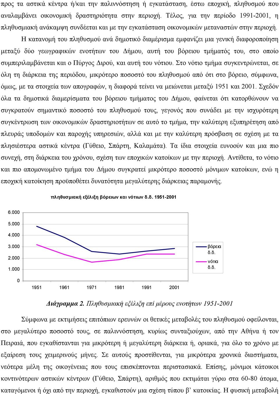 Η κατανομή του πληθυσμού ανά δημοτικό διαμέρισμα εμφανίζει μια γενική διαφοροποίηση μεταξύ δύο γεωγραφικών ενοτήτων του Δήμου, αυτή του βόρειου τμήματός του, στο οποίο συμπεριλαμβάνεται και ο Πύργος