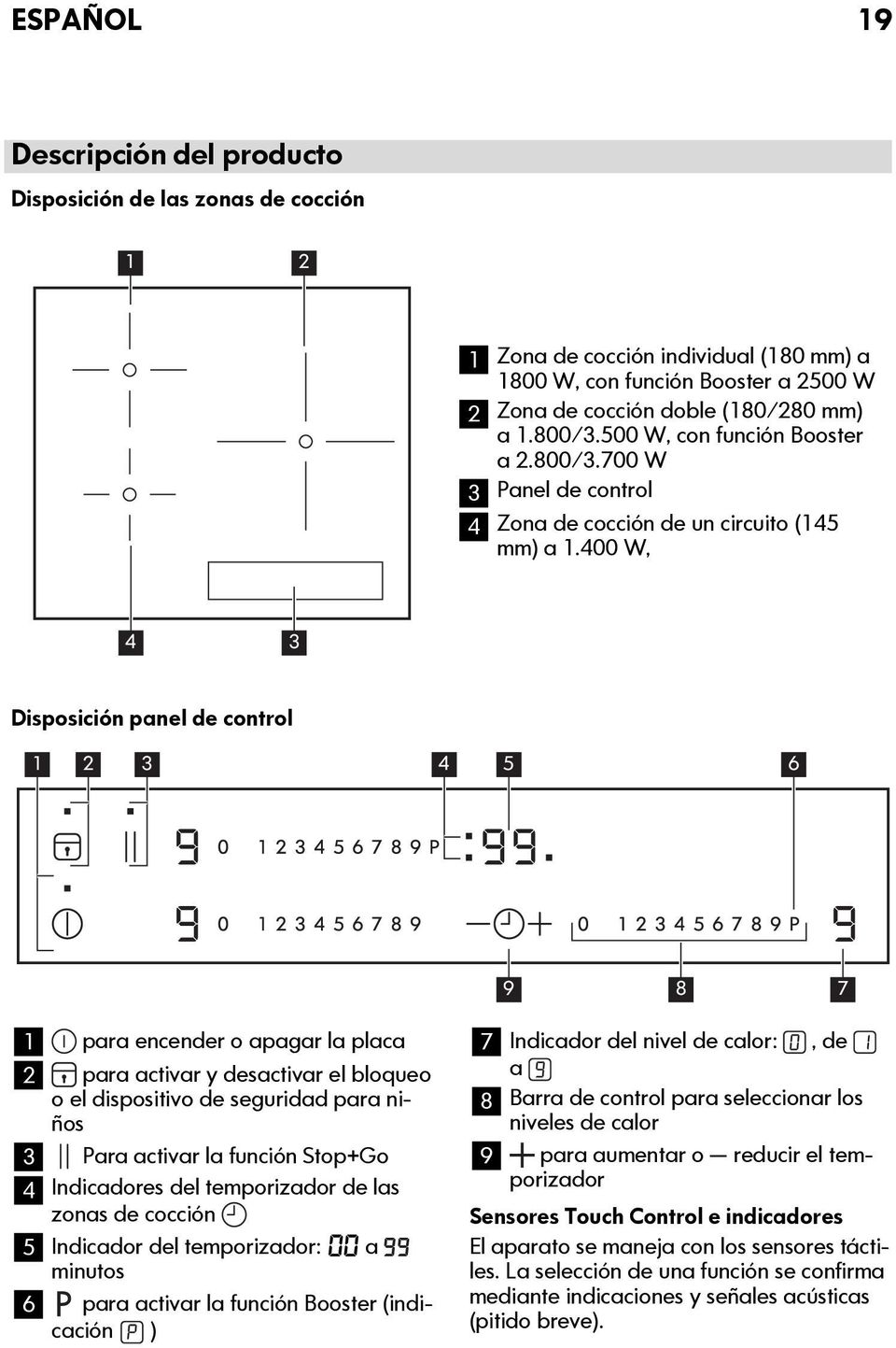 400 W, 4 3 Disposición panel de control 1 2 3 4 5 6 9 8 7 1 para encender o apagar la placa 2 para activar y desactivar el bloqueo o el dispositivo de seguridad para niños 3 Para activar la función