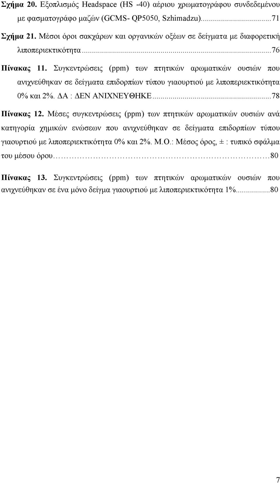 Συγκεντρώσεις (ppm) των πτητικών αρωματικών ουσιών που ανιχνεύθηκαν σε δείγματα επιδορπίων τύπου γιαουρτιού με λιποπεριεκτικότητα 0% και 2%. ΔΑ : ΔΕΝ ΑΝΙΧΝΕΥΘΗΚΕ...78 Πίνακας 12.