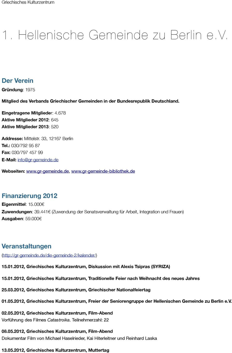 gr-gemeinde-bibliothek.de Finanzierung 2012 Eigenmittel: 15.000 Zuwendungen: 39.441 (Zuwendung der Senatsverwaltung für Arbeit, Integration und Frauen) Ausgaben: 59.