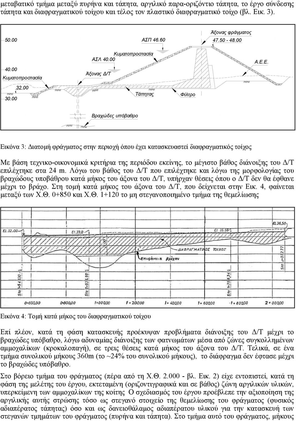 Ε. Βραχώδες υπόβαθρο Εικόνα 3: Διατομή φράγματος στην περιοχή όπου έχει κατασκευαστεί διαφραγματικός τοίχος Με βάση τεχνικο-οικονομικά κριτήρια της περιόδου εκείνης, το μέγιστο βάθος διάνοιξης του