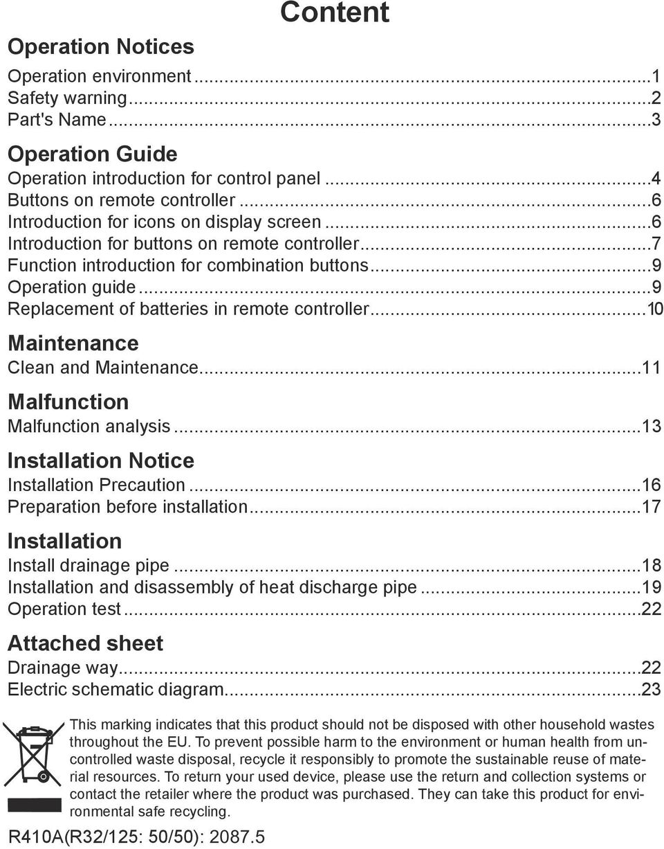 ..9 Replacement of batteries in remote controller...10 Maintenance Clean and Maintenance...11 Malfunction Malfunction analysis...13 Installation Notice Installation Precaution.