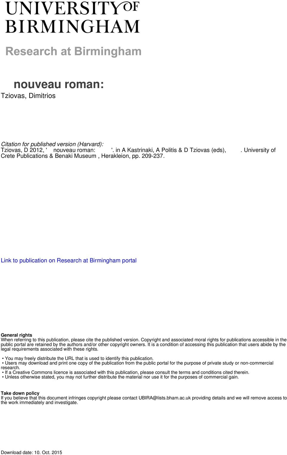 Link to publication on Research at Birmingham portal General rights When referring to this publication, please cite the published version.