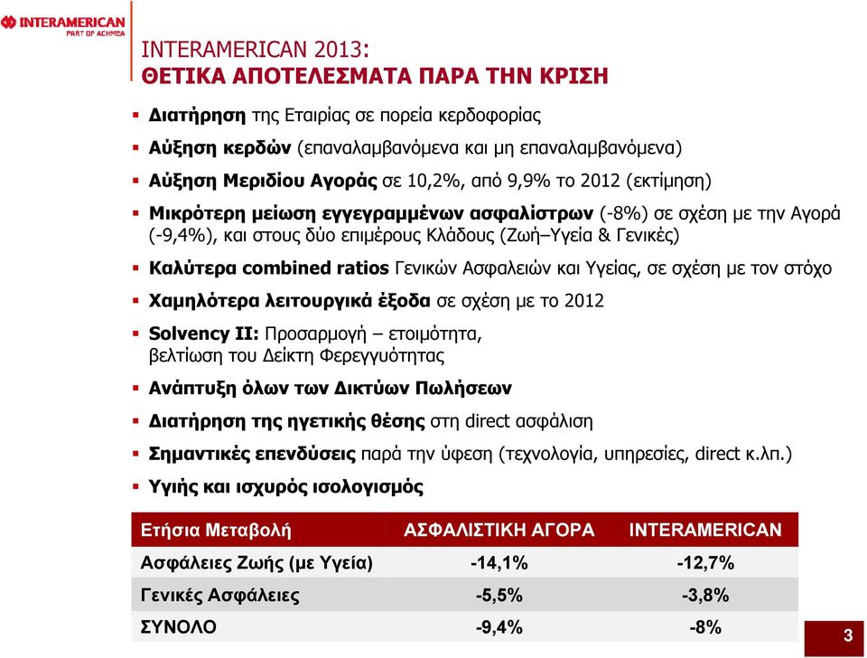 με τον στόχο Χαμηλότερα λειτουργικά έξοδα σε σχέση με το 2012 Solvency II: Προσαρμογή ετοιμότητα, βελτίωση του Δείκτη Φερεγγυότητας Ανάπτυξη όλων των Δικτύων Πωλήσεων Διατήρηση της ηγετικής θέσης στη