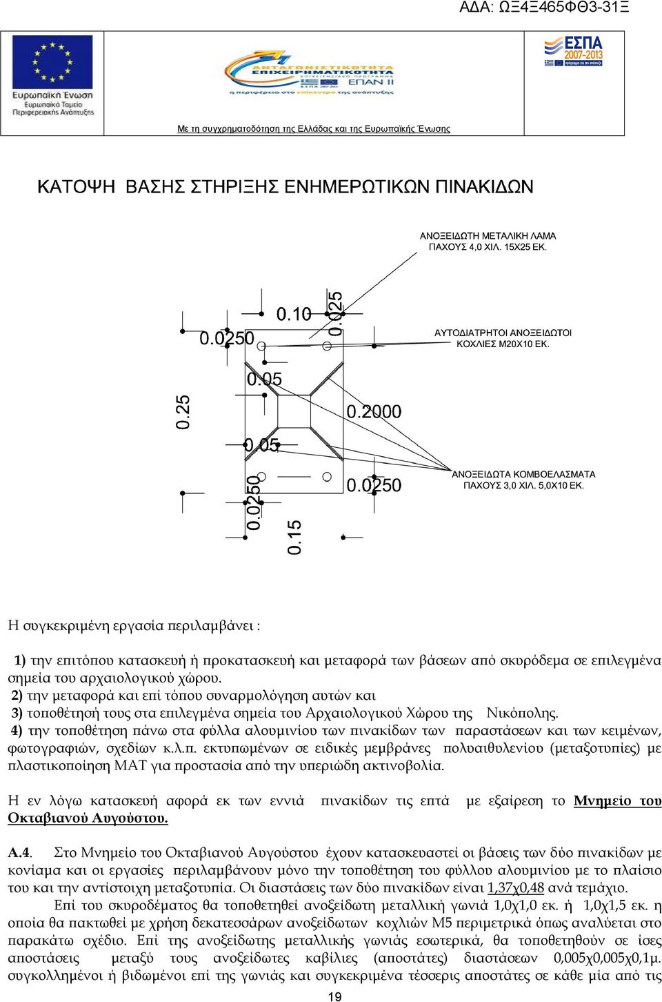 4) την τοποθέτηση πάνω στα φύλλα αλουμινίου των πινακίδων των παραστάσεων και των κειμένων, φωτογραφιών, σχεδίων κ.λ.π. εκτυπωμένων σε ειδικές μεμβράνες πολυαιθυλενίου (μεταξοτυπίες) με πλαστικοποίηση ΜΑΤ για προστασία από την υπεριώδη ακτινοβολία.