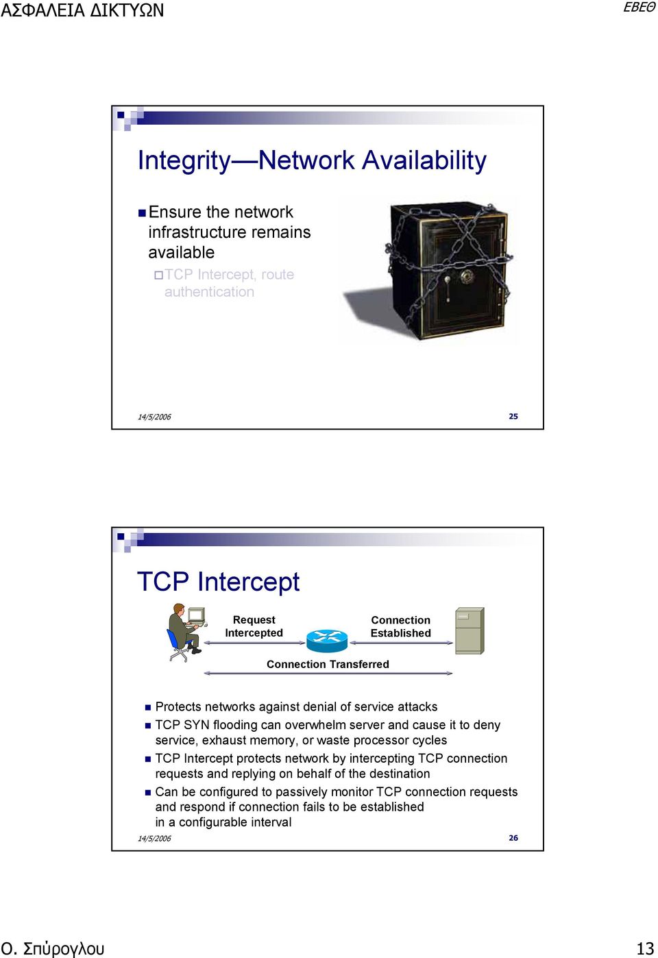 service, exhaust memory, or waste processor cycles TCP Intercept protects network by intercepting TCP connection requests and replying on behalf of the