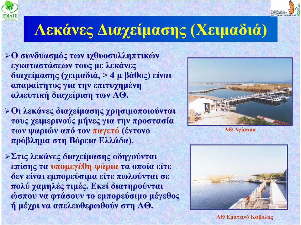 Οι λεκάνες διαχείμασης χρησιμοποιούνται τους χειμερινούς μήνες για την προστασία των ψαριών από τον παγετό (έντονο πρόβλημα στη Βόρεια Ελλάδα).