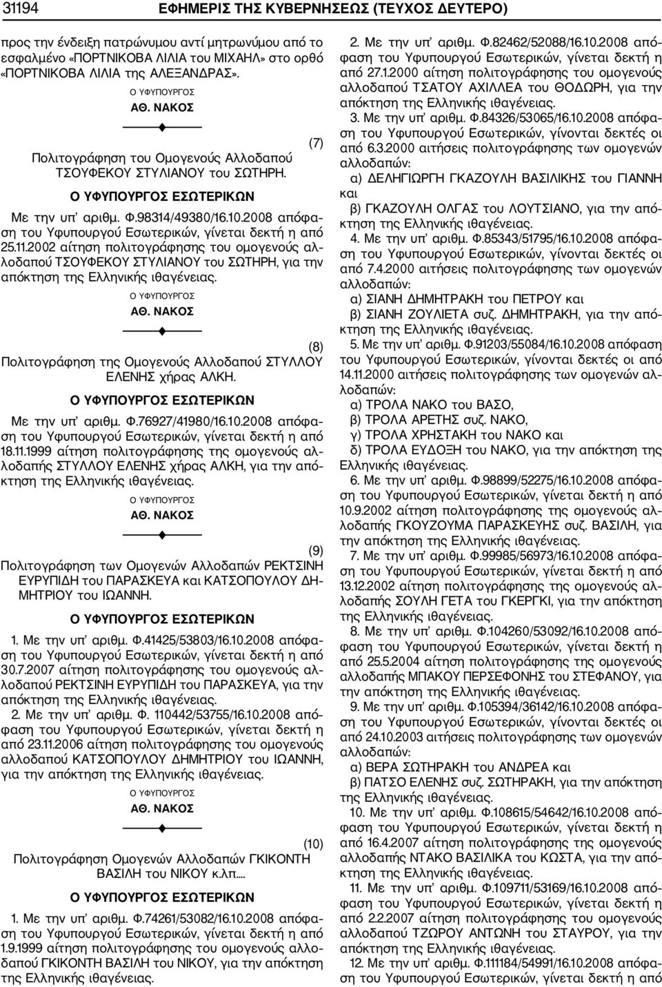 .2002 αίτηση πολιτογράφησης του ομογενούς αλ λοδαπού ΤΣΟΥΦΕΚΟΥ ΣΤΥΛΙΑΝΟΥ του ΣΩΤΗΡΗ, για την απόκτηση της Ελληνικής ιθαγένειας. (8) Πολιτογράφηση της Ομογενούς Αλλοδαπού ΣΤΥΛΛΟΥ ΕΛΕΝΗΣ χήρας ΑΛΚΗ.