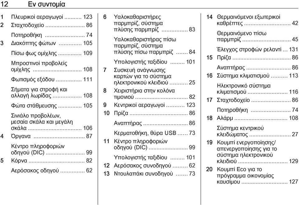 .. 82 Αερόσακος οδηγού... 62 6 Υαλοκαθαριστήρες παρμπρίζ, σύστημα πλύσης παρμπρίζ... 83 Υαλοκαθαριστήρας πίσω παρμπρίζ, σύστημα πλύσης πίσω παρμπρίζ... 84 Υπολογιστής ταξιδίου.