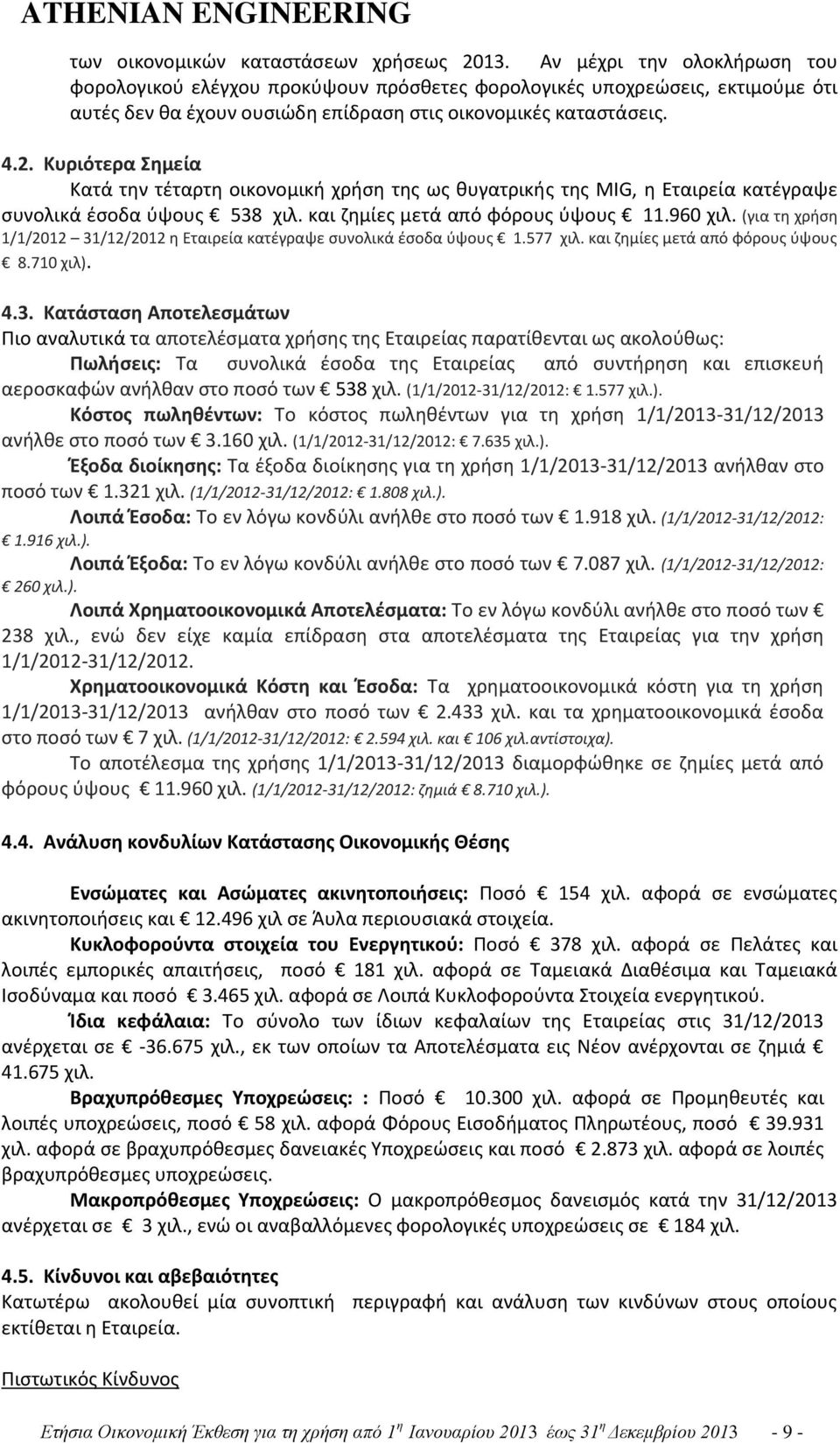 Κυριότερα Σημεία Κατά την τέταρτη οικονομική χρήση της ως θυγατρικής της MIG, η Εταιρεία κατέγραψε συνολικά έσοδα ύψους 538 χιλ. και ζημίες μετά από φόρους ύψους 11.960 χιλ.